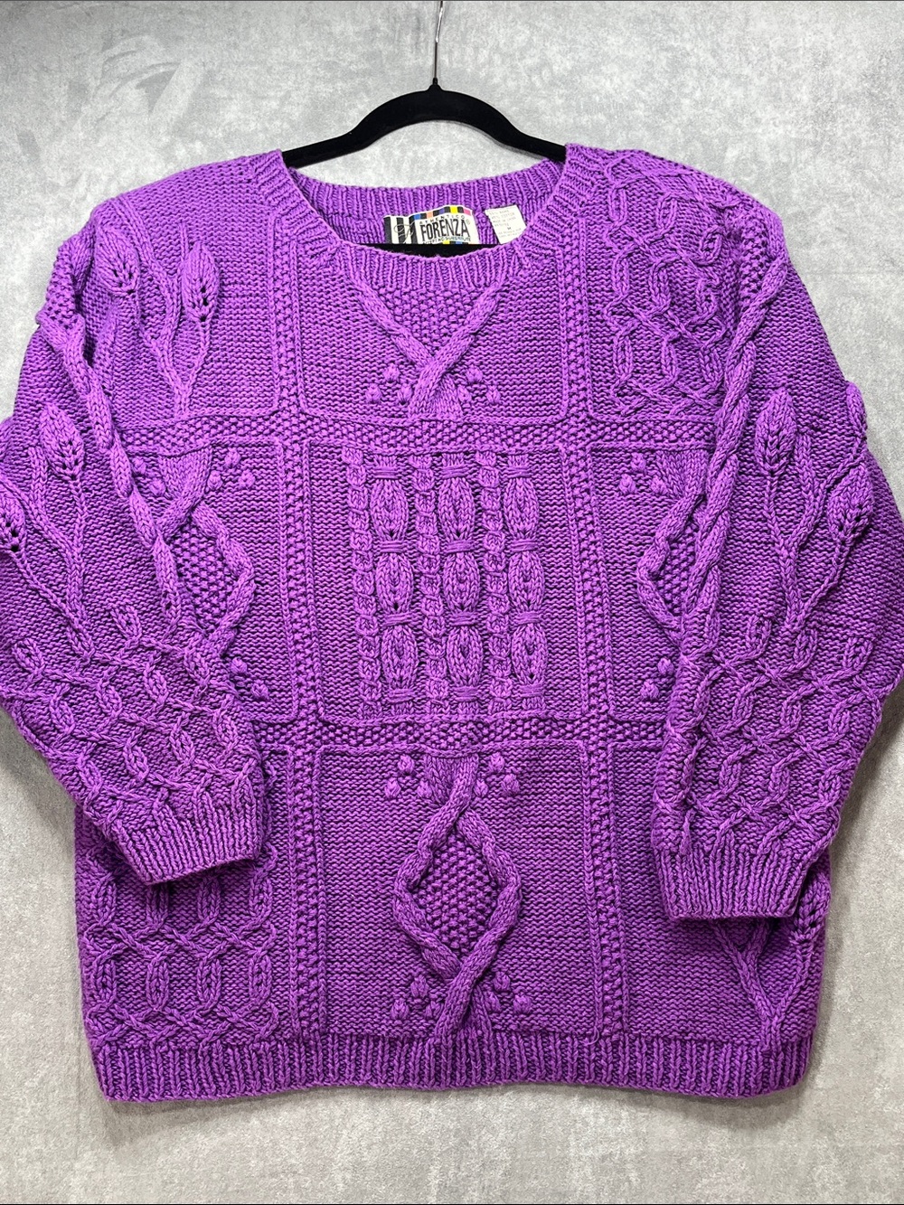 Vintage 80s Forenza Purple Cable Knit Sweater Shoulder Pads M